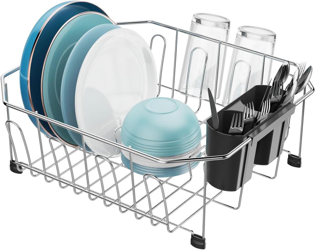 GSlife Small in Sink Dish Drying Rack - Stainless Steel Compact Dish Drainer for RV Kitchen Apartment Sink, Rust Resistant Inside Sink Rack, 12 Person Households, 13.1" W x 14.4" L, Silver