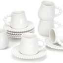 Hebaogugu Coffee Cup Set of 6 with Saucers, 3.5 OZ Ceramic Espresso Cups, Elegant Deco Turkish Coffee Cup Gift for Cappuccino, Latte, Cafe Mocha and Tea, Dishwasher & Microwave Safe (Pearl White)