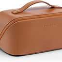 Vlando Makeup Bag,Large Capacity Travel Toiletry Bag,Cosmetic Bags for Women PU Leather Waterproof Portable Pouch with Divider & Handle-Brown