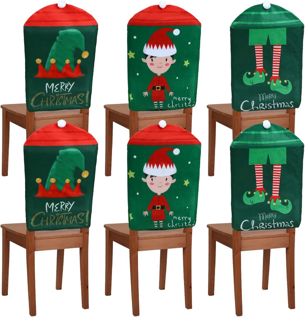 6 Pcs Christmas Back Chair Cover Elf Hat Leg and Cute Elf Felt Chair Back Covers for Xmas Banquet Home Kitchen Dining Room Decor Christmas Dining Chair Slipcovers (Fresh)