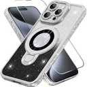 ZIYE Magnetic for iPhone 15 Pro Case with Stand Glitter for Women Girl,[Compatible with Magsafe][Screen Protector] Sparkly Bling Diamond Designed for iPhone 15 Pro Case with Kickstand,Silver