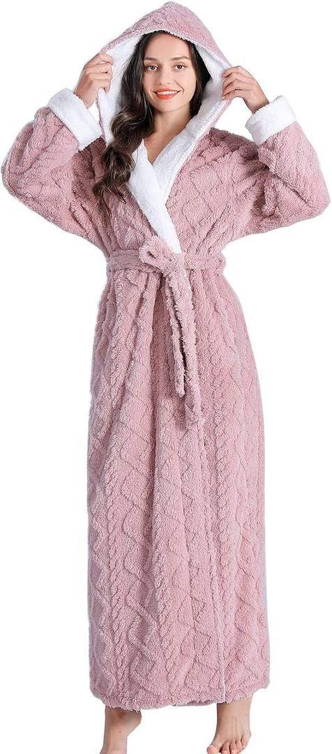 Hooded Robes for Women Long,Sherpa Trim Fleece Bathrobes With Hood Long Plush Soft Warm Winter Robes for Women (L)