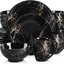 Plates and Bowls Sets for 4, Black Dinnerware Sets 16 Piece Gold Splash Glaze Round Dish Set, LOVECASA Porcelain Plate Set with Mugs Dishwasher Microwave Safe