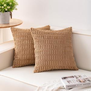Aegero Pack of 2 Corduroy Decorative Throw Pillow Covers 18x18 InchSoft Boho Striped Pillow Covers Modern Farmhouse Home Decor for Sofa Living Room Couch BedCoffee