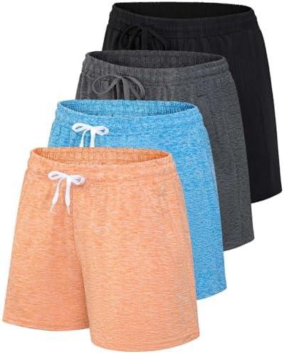Real Essentials 4 Pack: Womens Athletic Dry-Fit Lounge Shorts with Zipper Pockets S