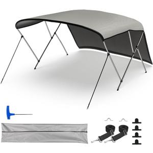 TeBaisea 3 Bow Bimini Tops for Boats, Boat Sun Shade Boat Canopy UV-Proof 800D High-Tech Polyester Fiber with Support Poles and Front/Rear Side Sunshade Cloth, 61-66" W, (Gray)