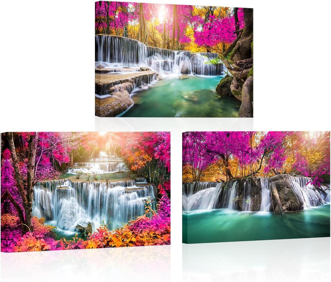 FuShvre Waterfall Wall Art Forest Canvas Picture Prints Photograghic Modern Nature Painting for Home Wall Decor Framed 16x24 inches each piece