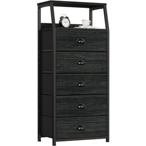 Furnulem Black Dresser with 5 Drawers, Vertical Storage Tower Fabric Dresser for Bedroom, Hallway, Entryway, Nursery, Closet Organizer, Nightstand Bedside Table Furniture, Sturdy Steel Frame, Wood Top