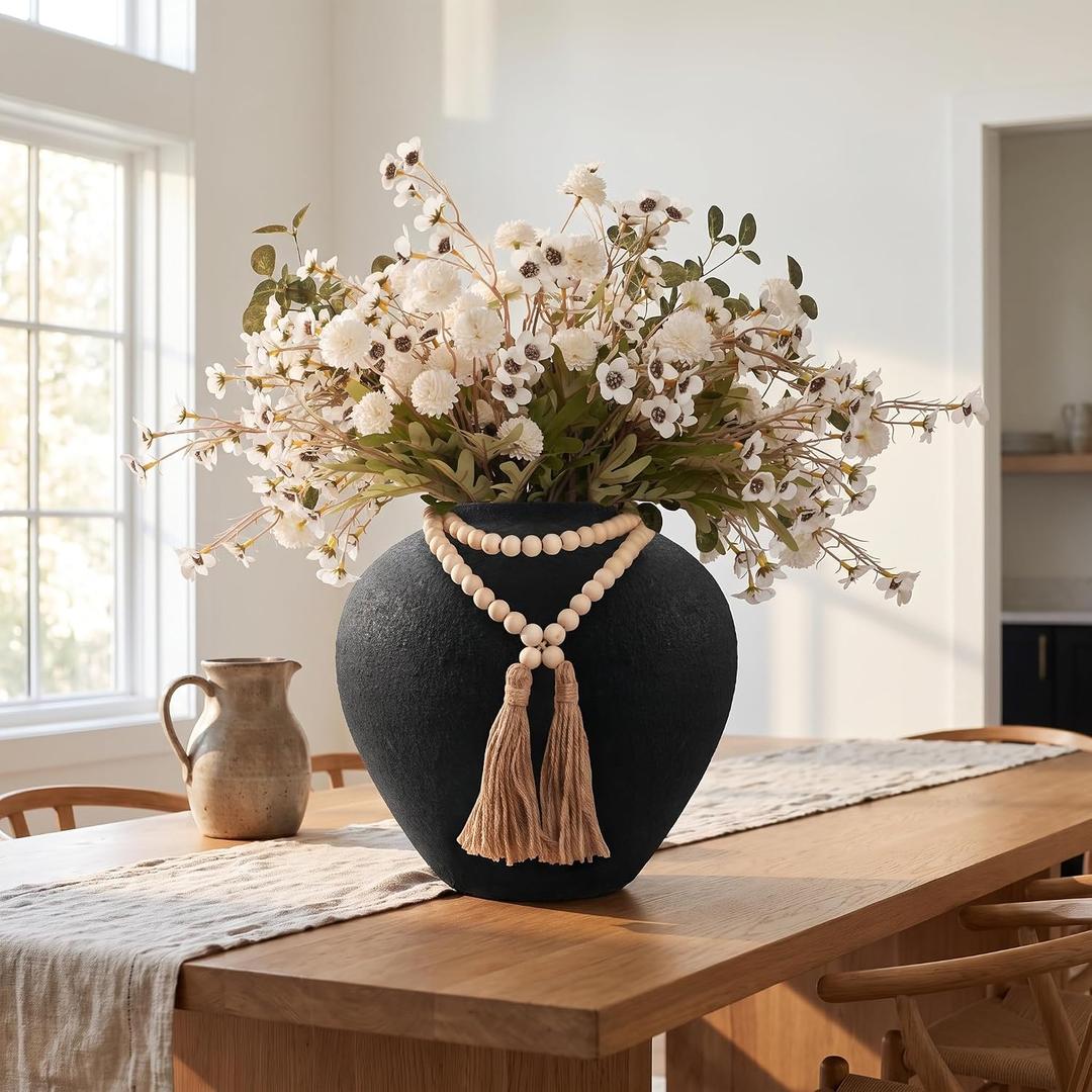 22" H Faux Silk Mums Flower Arrangements in Round Black Vase Home Decor,22Pcs Fake Mums Eucalyptus Wild Flowers Floral With Extra Large Rustic Vase Dining Table Centerpiece Decor (Black Large Round)