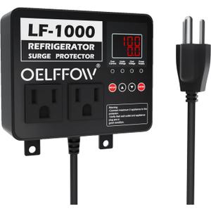 Refrigerator Surge Protector, Time Delay and Real-time Display, Voltage Protector, 2 Outlet Surge Protector for Home Appliances, with Mounting Screws, Black