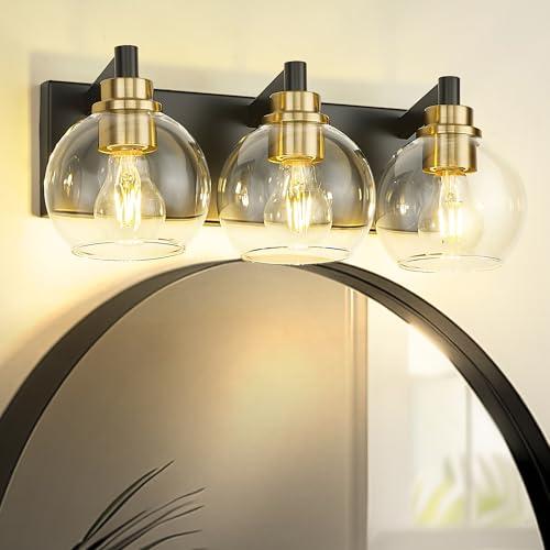 METWET Bathroom Light Fixtures, 3-Light Black and Gold Bathroom Vanity Light, Modern Wall Sconces with Globe Clear Glass Shade, Vanity Lighting Fixtures Over Mirror, VL195-KG-3