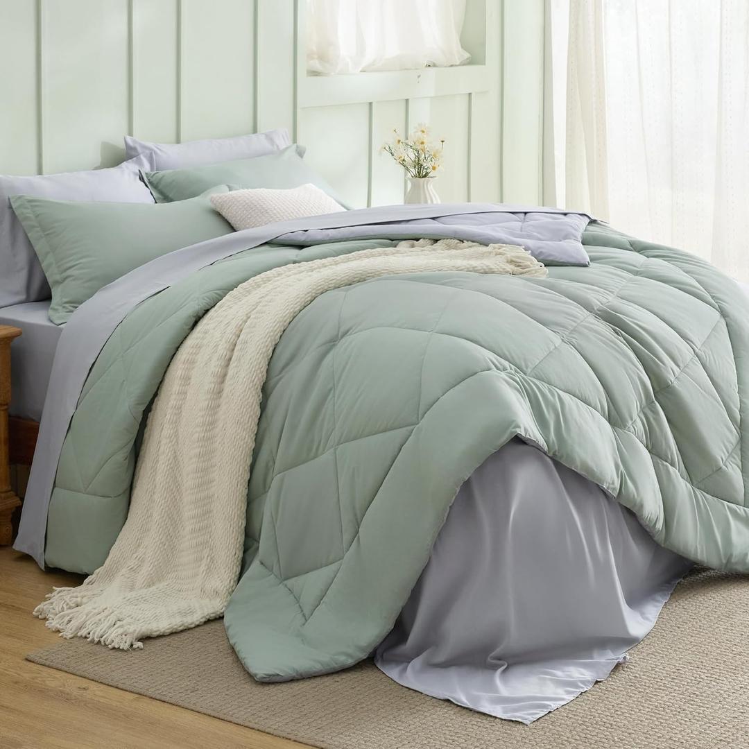 Bedsure Sage Green Queen Comforter Set - 7 Pieces Reversible Bed Set Sage Green Bed in a Bag Queen with Comforters, Sheets, Pillowcases & Shams, Queen Bedding Sets