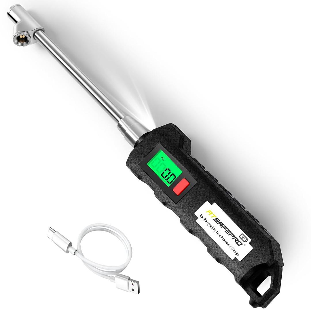 ATsafepro Chrome Plated Steel Dual Head Tire Inflator - 150 PSI, Backlight LCD & Flashlight, Rechargeable for Semi, Truck, RV & Cars (Digital Pressure Gauge(green back light))