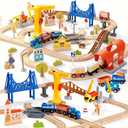 94pcs Wooden Train Set, Modern City Adventure Railway Track for Kids with Bridge, Tunnel, Crane, Town Buildings, Compatible with Most Brand, Christmas Toy Gift for Boys Girls Age 3-8