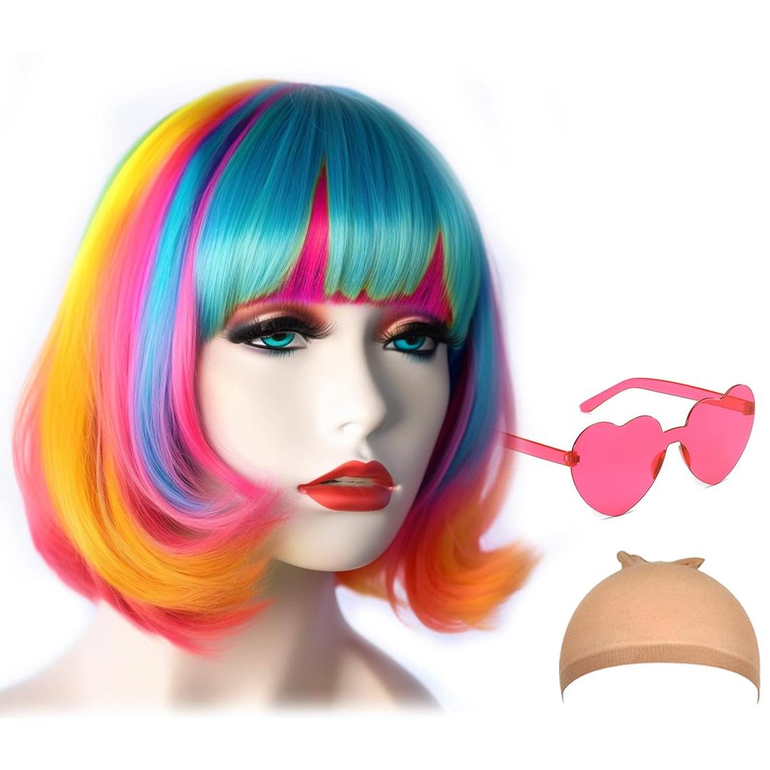 Short Bob Hair Wigs Straight with Flat Bangs Synthetic Colorful Cosplay Daily Party Neon Wig for Women + Free Wig Cap 12" Natural As Real (Mixed color) (Mixed color)