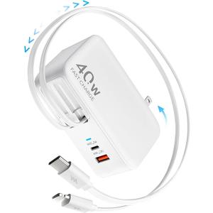 4-in-1 Retractable Gan Wall Charger Plug USB C,Travel Essentials Brick Multiport, 3ft Lightening+ Type C Cables,40W Fast Charging Foldable Block for iPhone 17 Pro/16/15/14/13,iPad,Galaxy