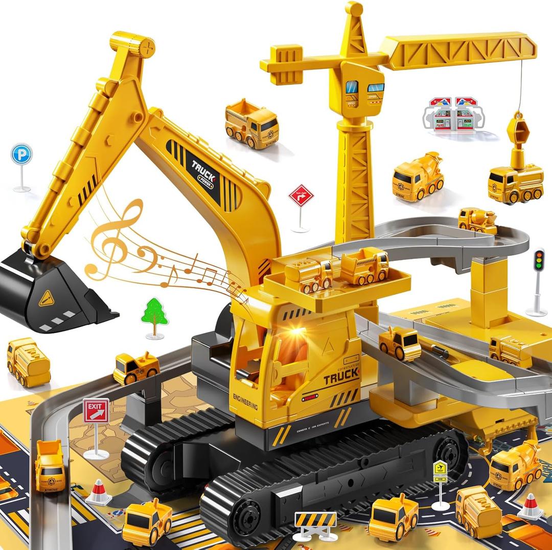 Construction Excavator Toys for Boys 3-5 Year Old - Engineering Digger Race Tracks with Excavator Crane, Car Sand Toys with Light Sound, Birthday Gifts for Toddlers Boys Girls Age 3 4 5 6