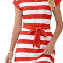 Women's Summer Dresses 2026 Striped Cap Sleeve Crewneck Casual A-Line T-Shirt Dress with Tie Waist Pockets, Large