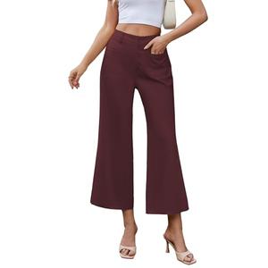 Famulily Womens Dress Pants High Waist Wide Leg Pants Button Down Dressy Work Capri Pants with Pockets Wine L