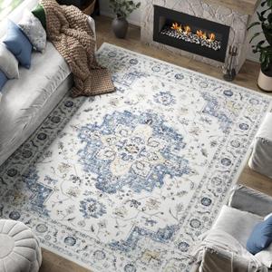 jinchan Area Rug 8x10 Vintage Washable Living Room Rug Floral Medallion Non Slip Thin Floor Cover Retro Classic Soft Boho Farmhouse Carpet for Bedroom Dining Room Kitchen Blue