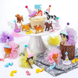 Weysat 27 Pcs Dog Cake Topper Animals Figures Birthday Party Decorations with Mini Hat with Pom Poms Puppy Dog Figure Cupcake Toppers Decoration with Mini Skirt and Hat for Puppy Animals Themed Party