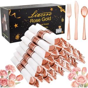 Liacere 100Pack Rose Gold Plastic Silverware - Pre Rolled Napkins with Rose Gold Cutlery - Wrapped Silverware Set Disposable100 Forks Knives Spoons Wrapped Utensils for Wedding＆Mothers Day