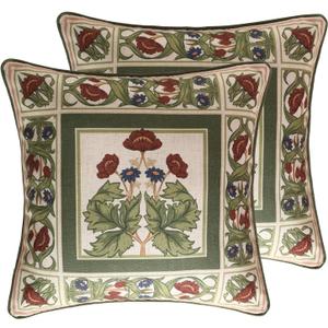 ISAENNE Design Linen Square Throw Pillow Covers 18"x18" Pack of 2, Yellow Green French Cushion Covers with Red Rose Floral Pattern Decoration Pillowcases for Bed, Living Room, Outdoor, Car