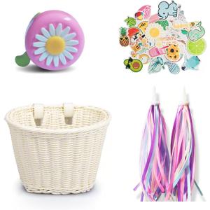 Kid's Bicycle Basket,Colored Tassels Wicker Front Handlebar Bike Basket Handlebar with Streamers Bell and Stickers,Bicycle Decoration for Girls and Boys (White)