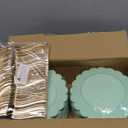 LIYH 200 Pcs Sage Green Plastic Disposable Plates and Gold Forks 7.5 Inch Scalloped Dessert Appetizer Plates, Cake Forks 5" for Wedding Party (200Pcs(100 Guests))