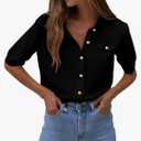 Cokulo Women's Summer Button Down Shirts Casual Short Sleeve Crew Neck Ribbed Knit Blouse Top Cardigans, M