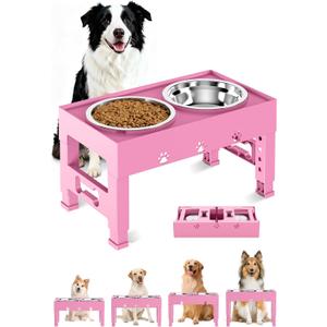 Elevated Dog Bowls with 2 Stainless Steel Bowls, Raised Dog Food Bowl Stand 5 Height Adjustable (3.1", 9", 10", 11", 12") Non-Slip Feeder Set for Medium and Large Dogs - Pink