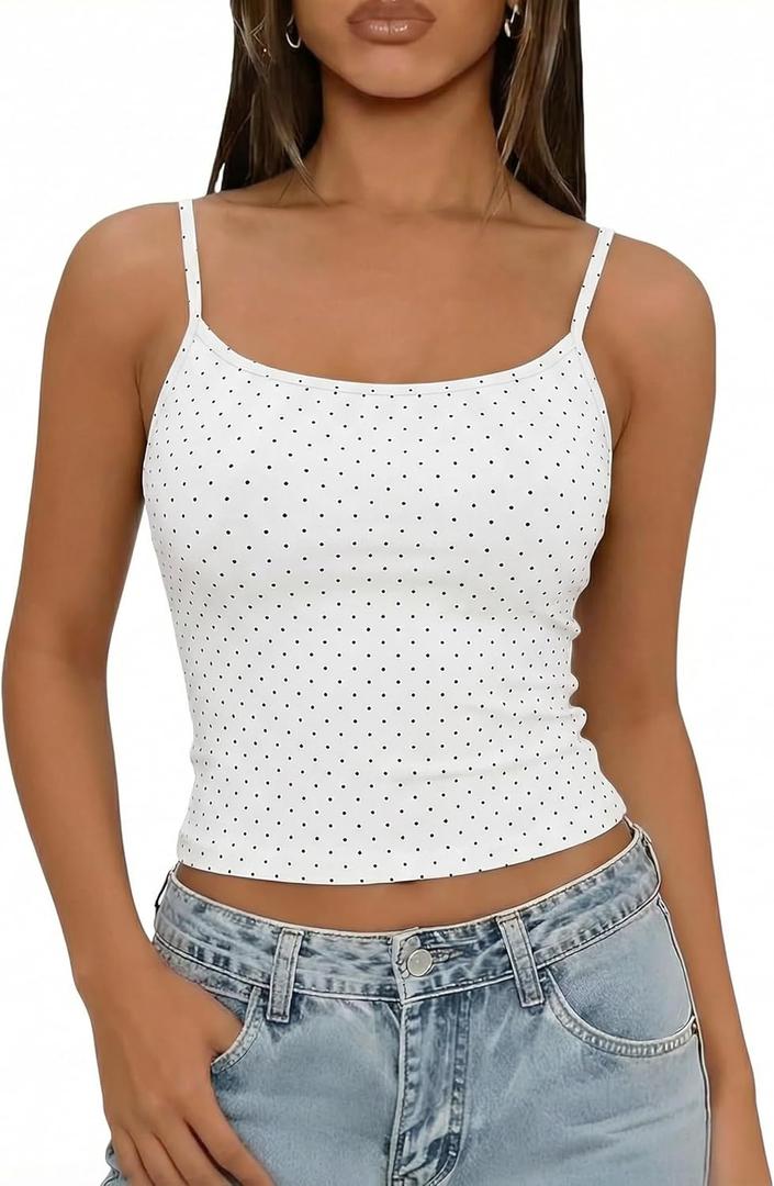Lingswaollow Women Adjustable Spaghetti Strap Sleeveless Y2K Crop Tank Top (White, L)