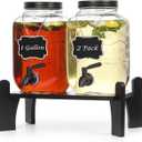 1 Gallon 2 pack Glass Drink Dispensers for Parties, Ice Beverage Dispensers with Stand, Juice Dispenser, Glass Water Dispenser with Stainless Steel Spigot, Lemonade Dispenser
