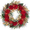 Artificial Red Christmas Wreath for Front Door 24-26 Inch Christmas Wreath with Norfolk Pine Cones Berries Gold Leaves Red Flower and Ornaments Winter Wreaths for Xmas Home Decor Indoor Outdoor Party