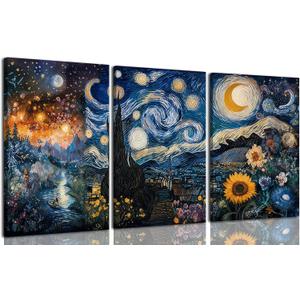 GHTGCMKX 3pcs Blue Abstract Starry Night Canvas wall art Blue Night Starry Sky Scenery Painting Picture Wall Decor Abstract Landscape Print Artwork for Living Room Office Home Decoration (16L" x 12W")