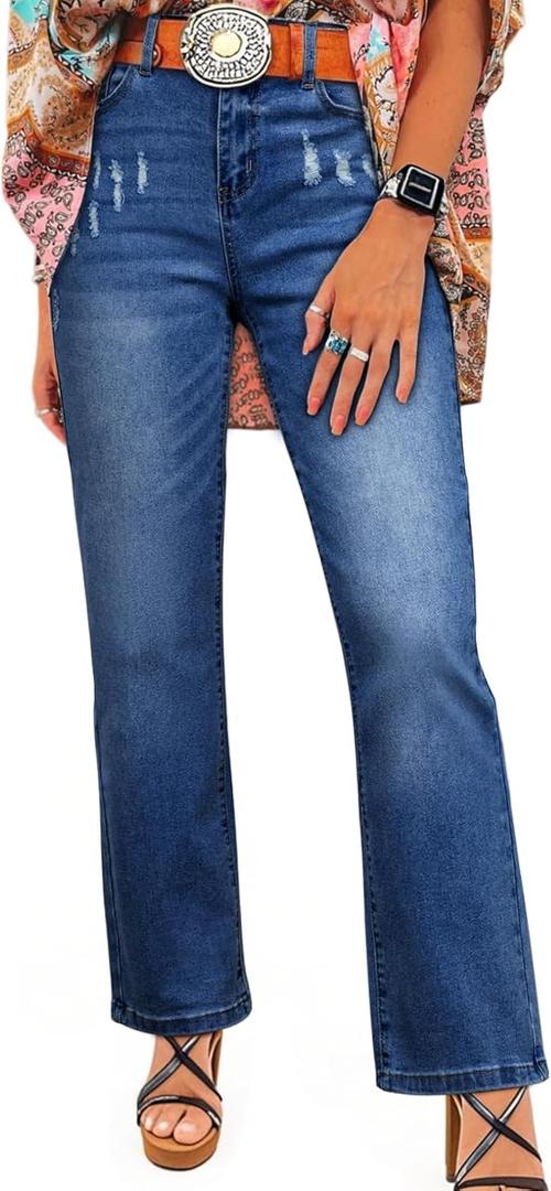 SHEWIN Straight Leg Jeans for Women Trendy High Rise Tapered Flare Jeans Stretchy Wide Leg Ankle Denim Pants with Pockets (4, Dark Blue)