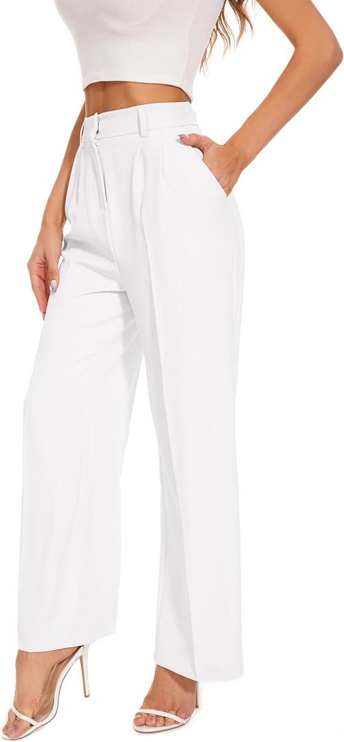 FUNYYZO Wide Leg Pants Women's High Elastic Waisted in The Back Business Work Trousers Long Straight Suit Pants (X-Small Short, 006# White (Thin))