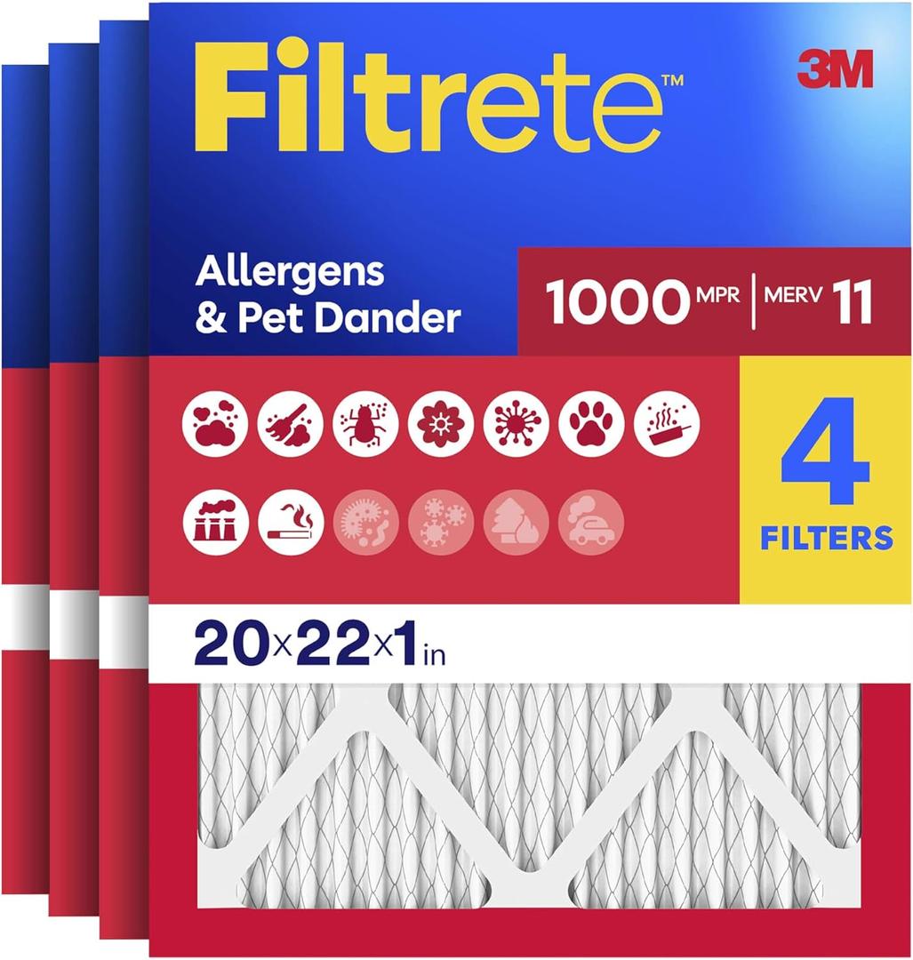 Filtrete 20x22x1 Air Filter, MERV 11, MPR 1000, Allergens & Pet Dander, 3-Month AC and Furnace Filters, Cleaner Air, Reliable Airflow, 4 HVAC Filters (Actual Size 19.81 x 21.81 x 0.81 in)