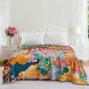 100% Cotton Floral Throw Blanket, Lightweight Muslin Quilt for Home Decor, All Season Reversible Jacquard Boho Farmhouse Picnic Blanket with Colorful Pattern,80"x90"
