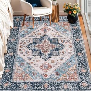 SERISSA Boho 8x10 Area Rugs, Washable Vintage Large Living Room Rug Non-Slip, Ultra Soft Oriental Print Distressed Tribal Farmhouse Blue Orange Carpet for Dining Room Bedroom Dorm Office Home Decor