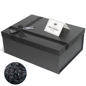 Eerbaier Large Gift Box with Lid 13 x 9.9 x 5 Inches - Black Gift Wrap Box with Ribbon Row, Card & Shredded Paper Filler - Ideal Gift Box for Presents Wrapping