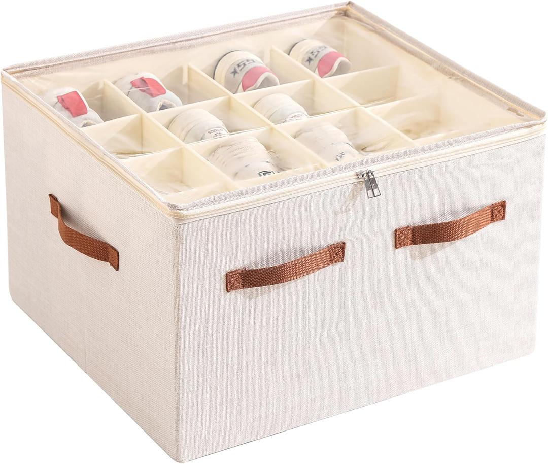 Tulinstiraga Shoe Organizer for Closet, Foldable Large Shoe Storage Box with Clear Cover, Removable Partitions and Bottom are Supported by Plastic Boards (Beige, 20.5“Lx16.9 Wx13'H)