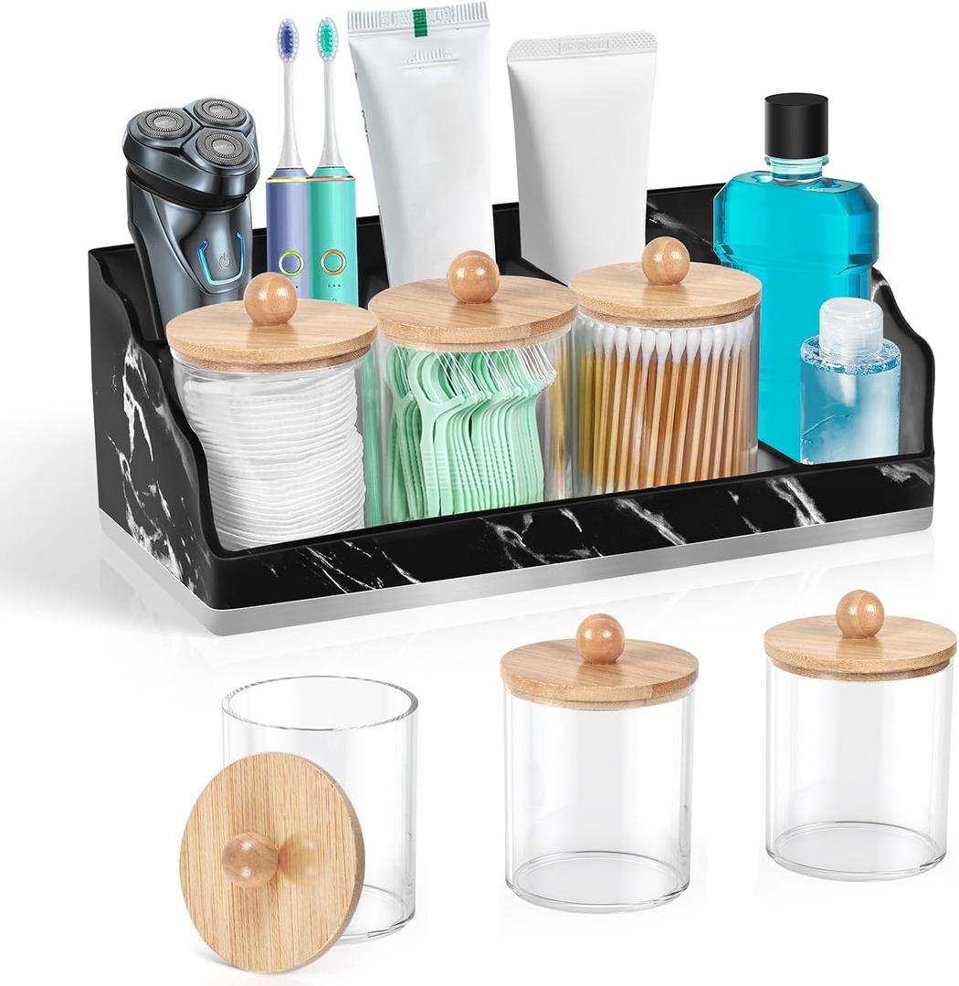 Marble Bathroom Countertop Organizer, Toothbrush Holders for Bathroom with 3PCS Qtip Holder Dispenser and Toothpaste Holder Drainage for Bathroom Accessories Organization Counter Vanity Storage