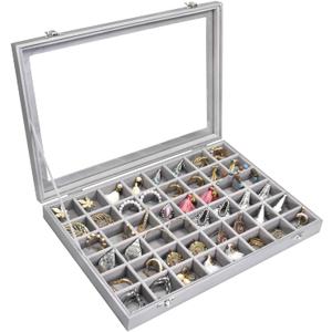 Jewelry Tray Organizer Box 48 Grid Jewelry Display Organizer Box with Transparent Lid Rings Earrings Necklaces Pendants Display Box Suitable for Women and Girls (48 Grid, Silver Grey)