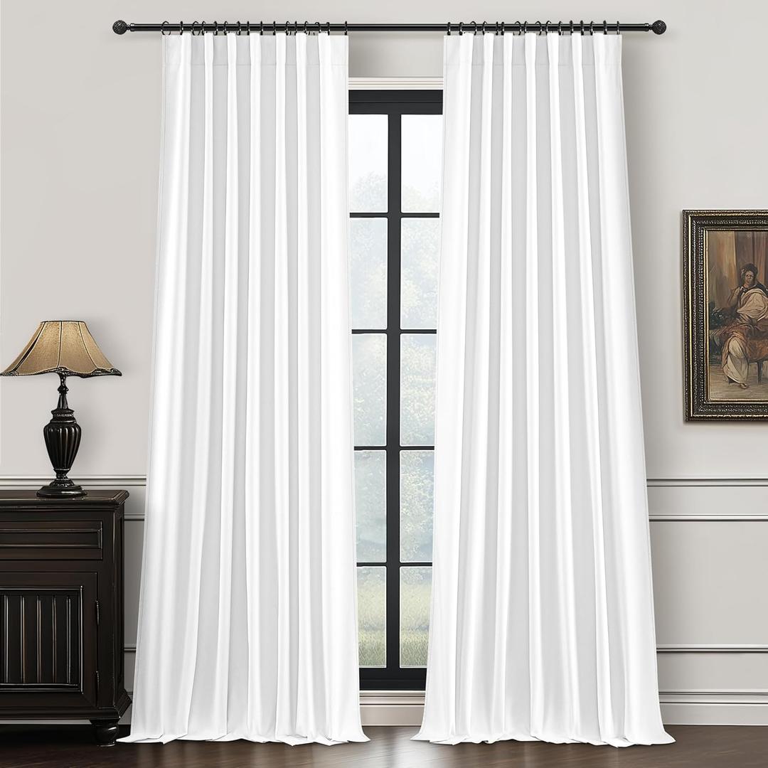100% Blackout Elegant Curtains 95 Inch 2 Panel Set for Living Room/Sunroom Thermal Insulated Custom Curtains for Windows Boho Farmhouse Drapes Office Hook Belt Pleated/Back Tab BrightWhite