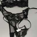 Kaei&Shi Floral Embroidered Mesh Sheer,Underwire Satin Bow,High Cut Thong,Belt Garter Lingerie (2-4, Black)