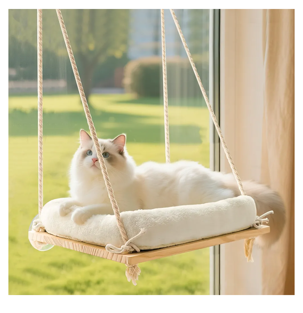 Cat Window Perch, Cat Hammock Bed with Solid Wood Seat 4 Heavy Duty Suction Cups, Plush Cushion, Indoor Pet Window Hammock for Cats for Large Cats
