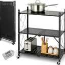 LIWSHWZ Thickened 4MM | Foldable 3 Tier Shelf, Collapsible Metal Rolling Cart with Wheels, No Assembly Organizer Storage Rack for Kitchen, Bedroom, Pantry, Garage, Display, Black, 28 x 13.4 x 35.6 inches