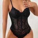 COZYEASE Women's Lace Bustier Cami Bodysuit Plain Sleeveless Slim Fit Sheer Mesh Corset Top Romper (Black, XS)