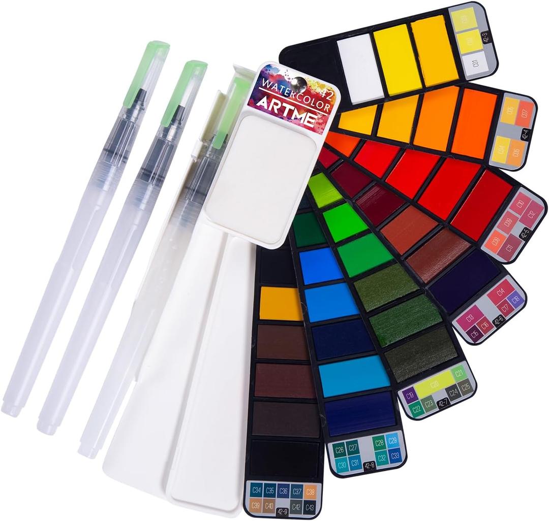 Watercolor Paint set  42 Assorted Colors with 3 Brushes  Perfect Foldable Watercolor Field Sketch Set for Outdoor Painting Travel Pocket Watercolor Kit